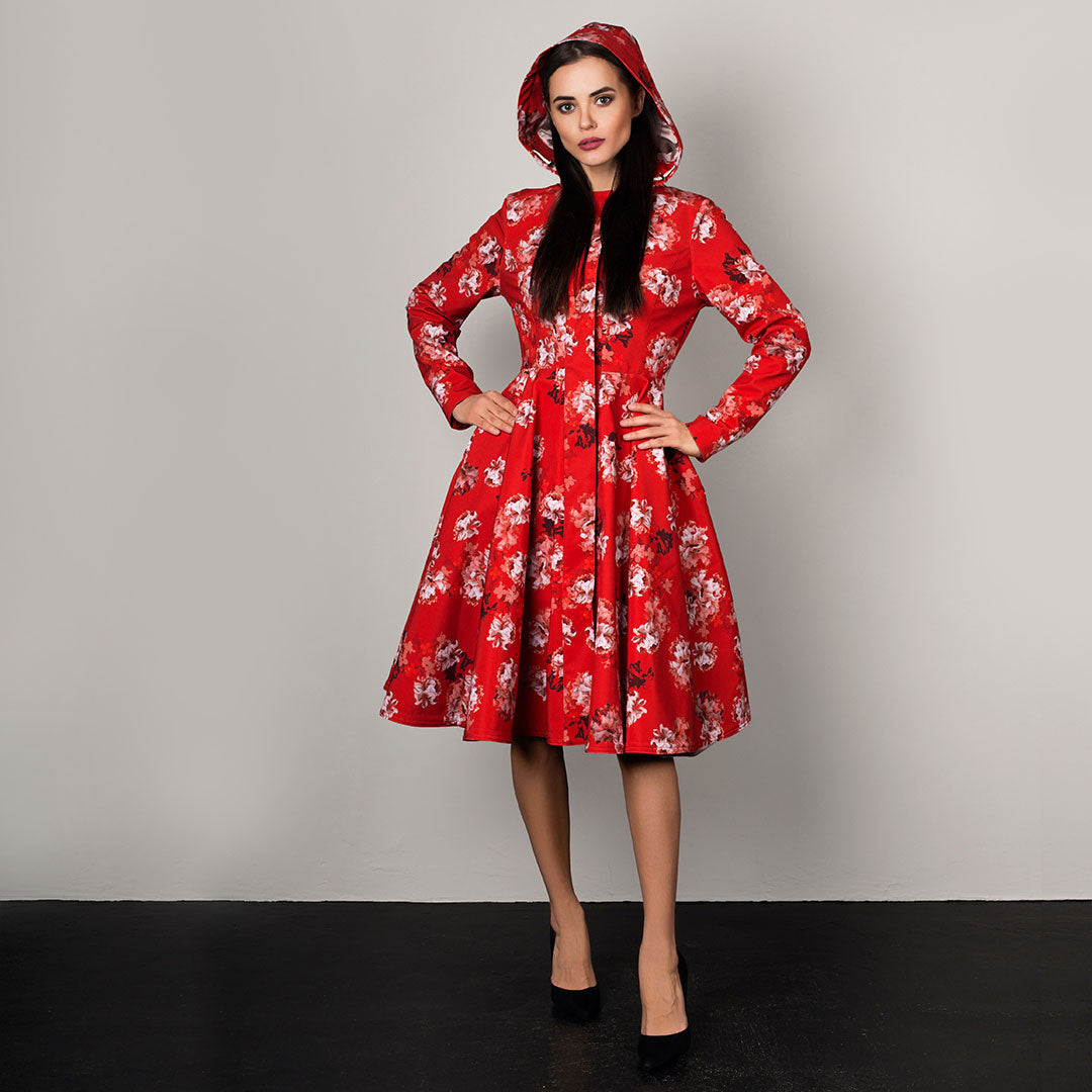 RainSisters Women's Hooded Swing Coat in Red Sun