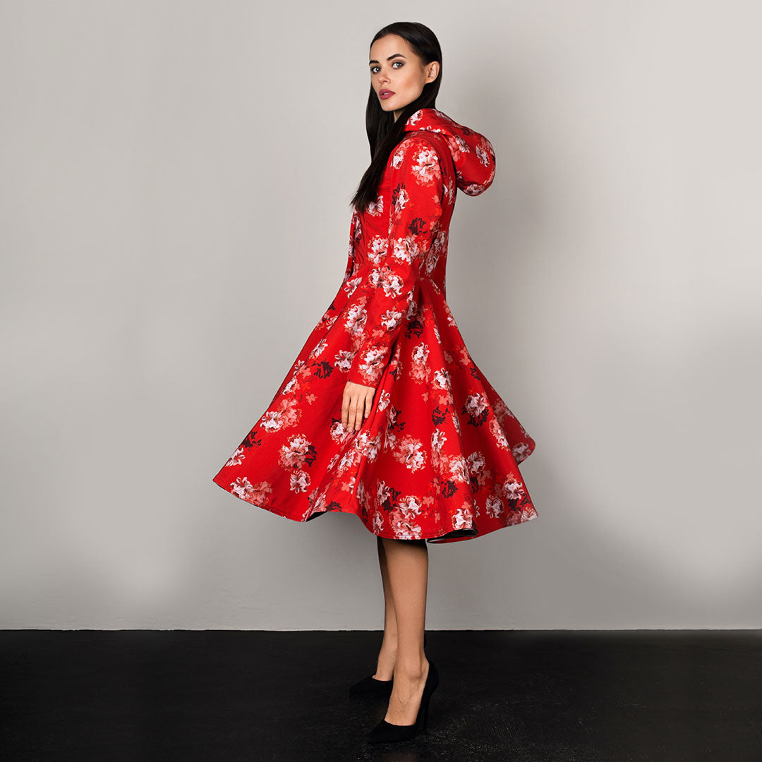 RainSisters Women's Hooded Swing Coat in Red Sun