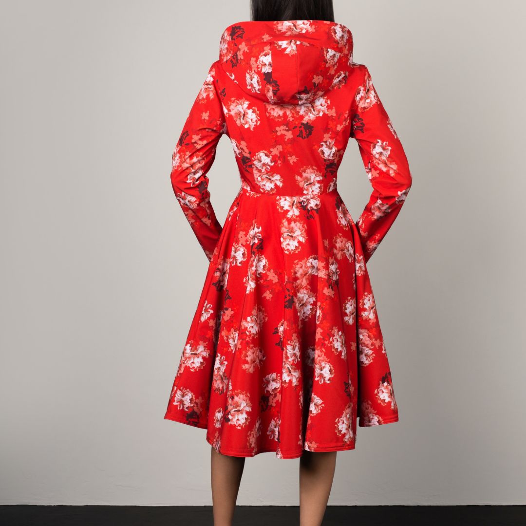 RainSisters Women's Hooded Swing Coat in Red Sun