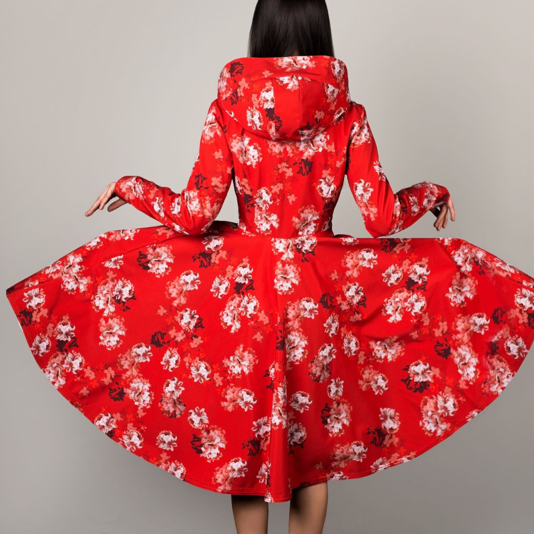 RainSisters Women's Hooded Swing Coat in Red Sun