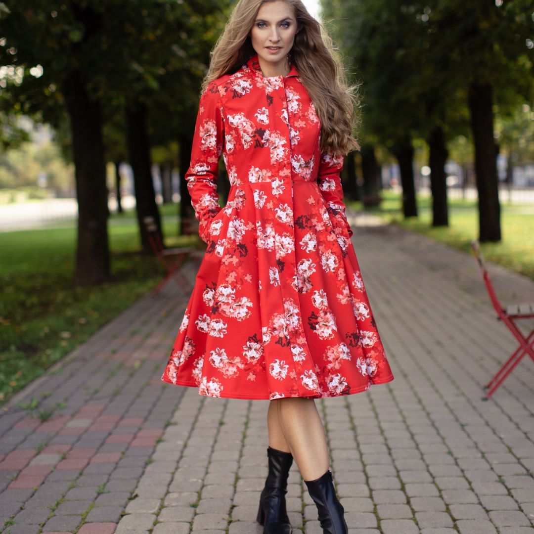 RainSisters Women's Hooded Swing Coat in Red Sun