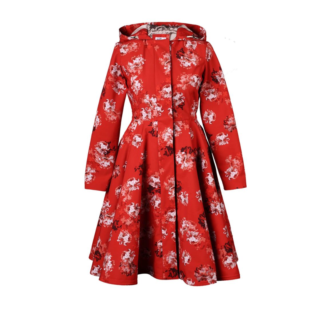 RainSisters Women's Hooded Swing Coat in Red Sun