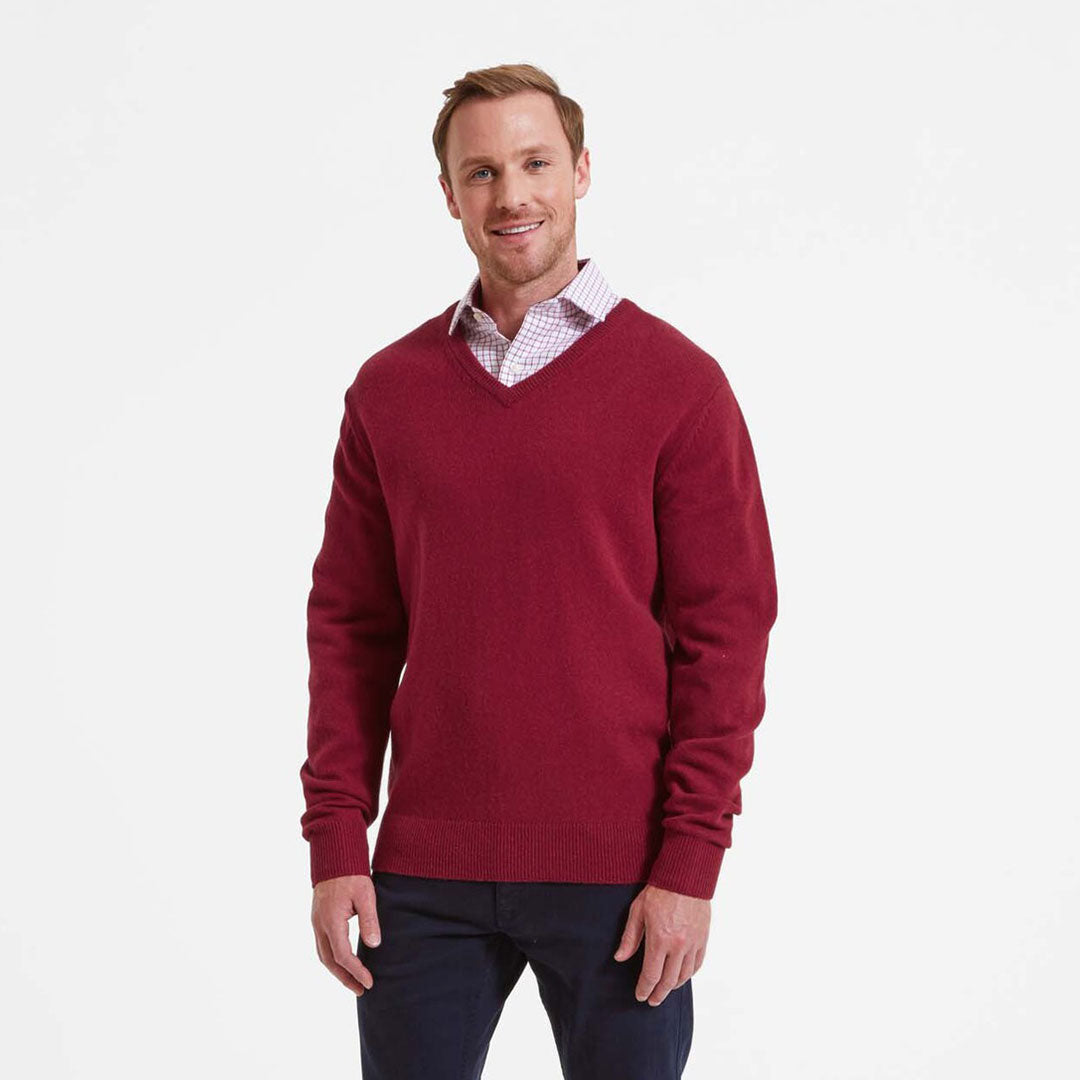 Schoffel Men's Lambswool V Neck Jumper in Bordeaux