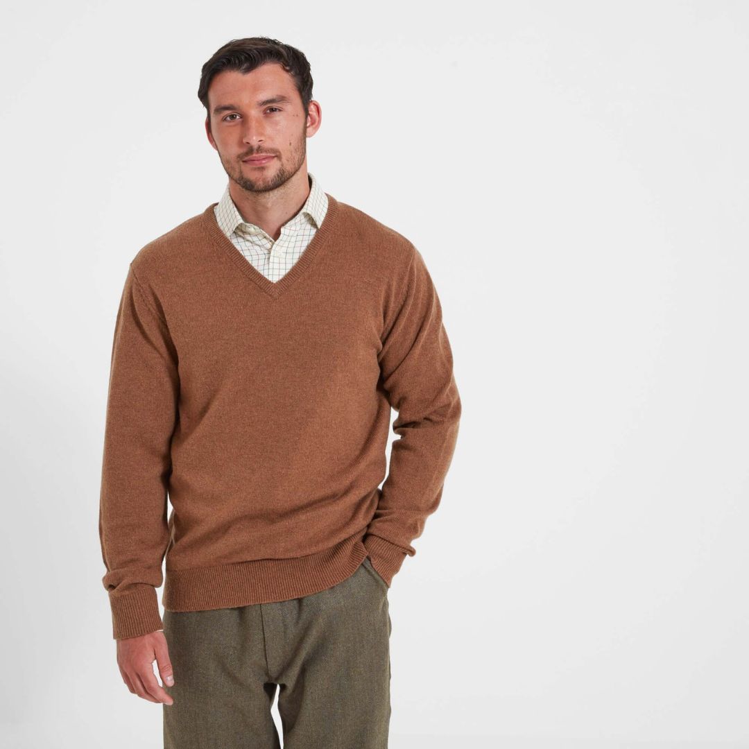 Schoffel Men's Lambswool V Neck Jumper in Toffee