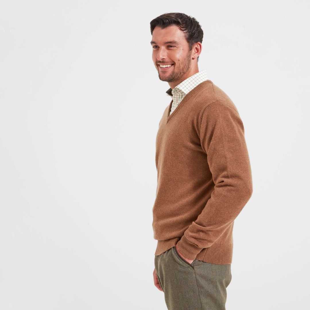 Schoffel Men's Lambswool V Neck Jumper in Toffee