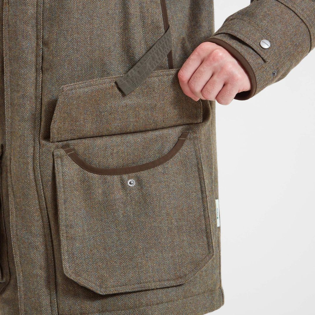 Schoffel Men's Ptarmigan Herringbone Tweed Classic Coat in Loden Green