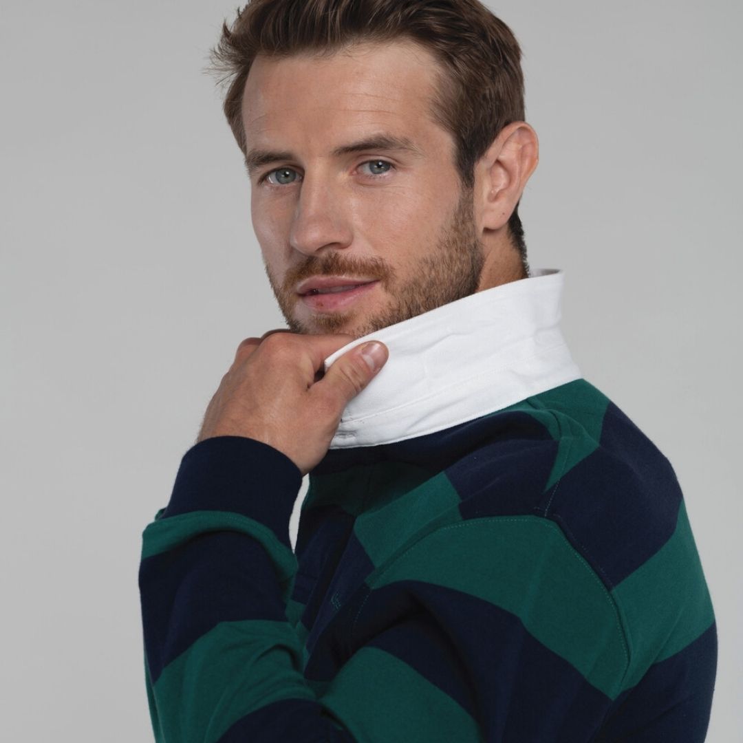 Schoffel Men's St. Mawes Rugby Shirt in Navy with Green Stripes