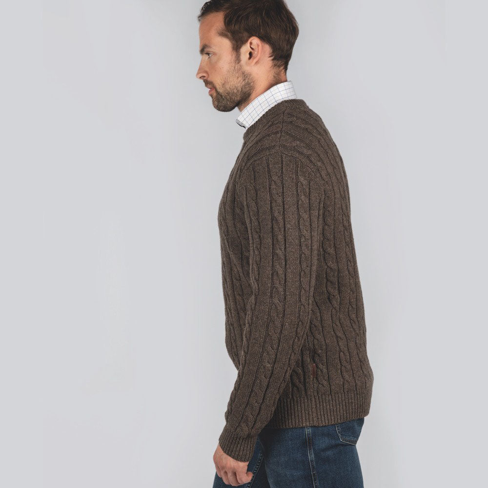 Schoffel Men's Lambswool Chunky Cable Crew Jumper in Mocha