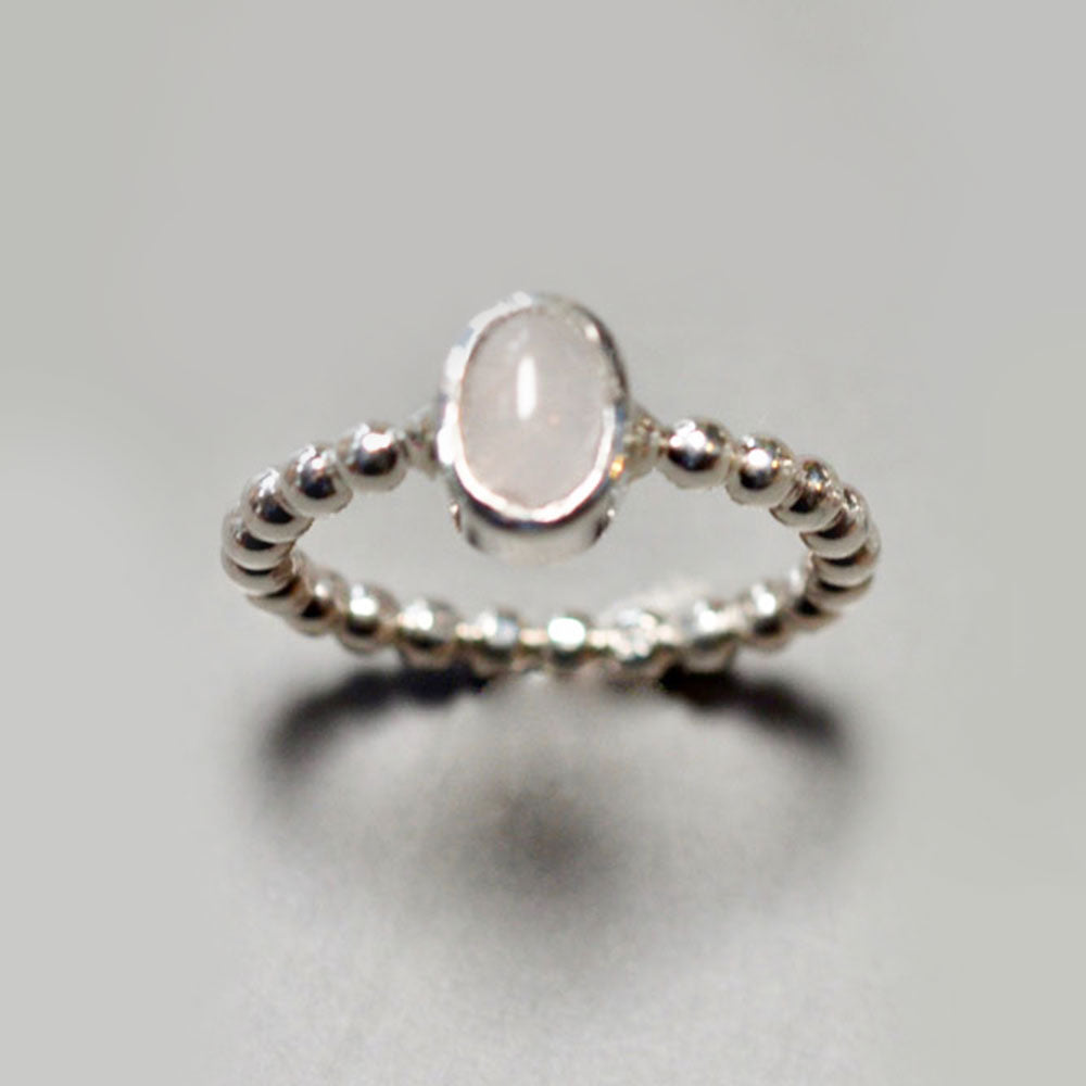 Spirit Oval Rose-quartz Ring in Silver with Beaded Band