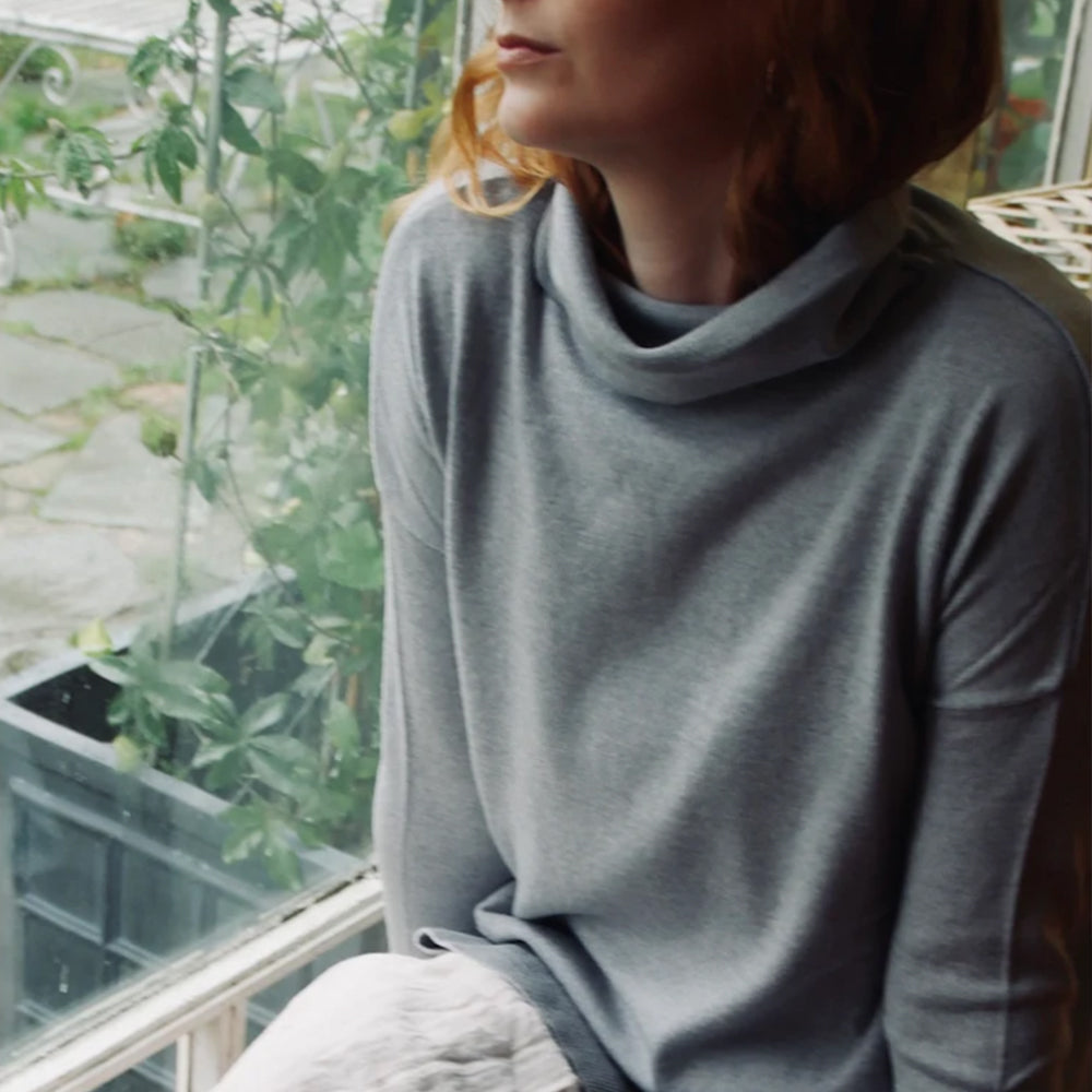 Welligogs Women's Merino Wool Oversized Roll Neck Jumper in Light Grey