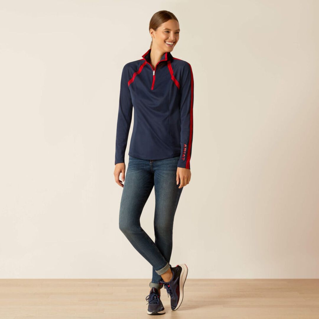 Ariat Women's Sunstopper 1/4 Zip Baselayer in Navy & Red