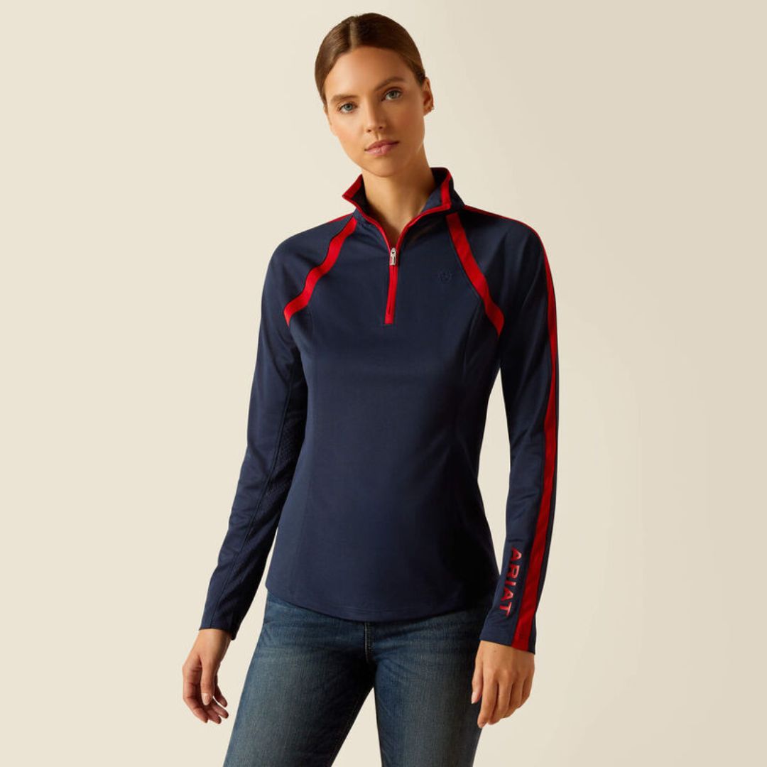 Ariat Women's Sunstopper 1/4 Zip Baselayer in Navy & Red