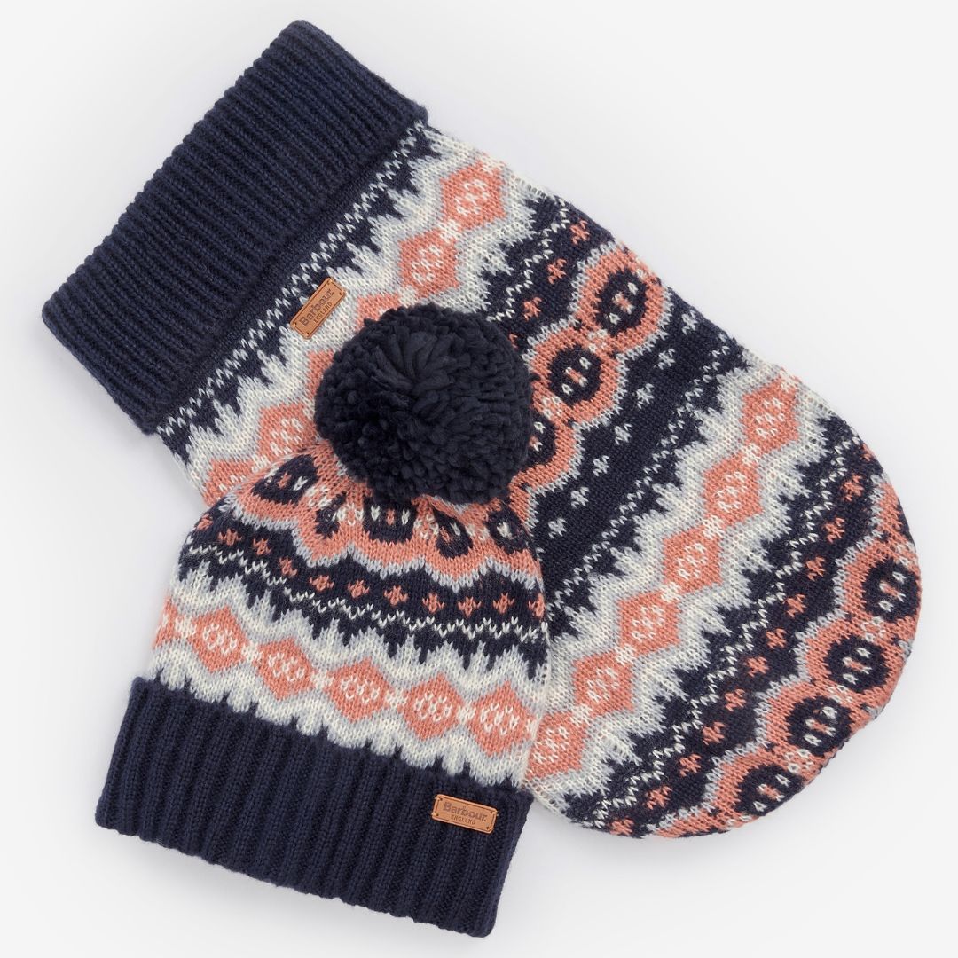 Barbour Fair isle Dog Jumper & Bobble Hat Gift Set in Pink & Navy