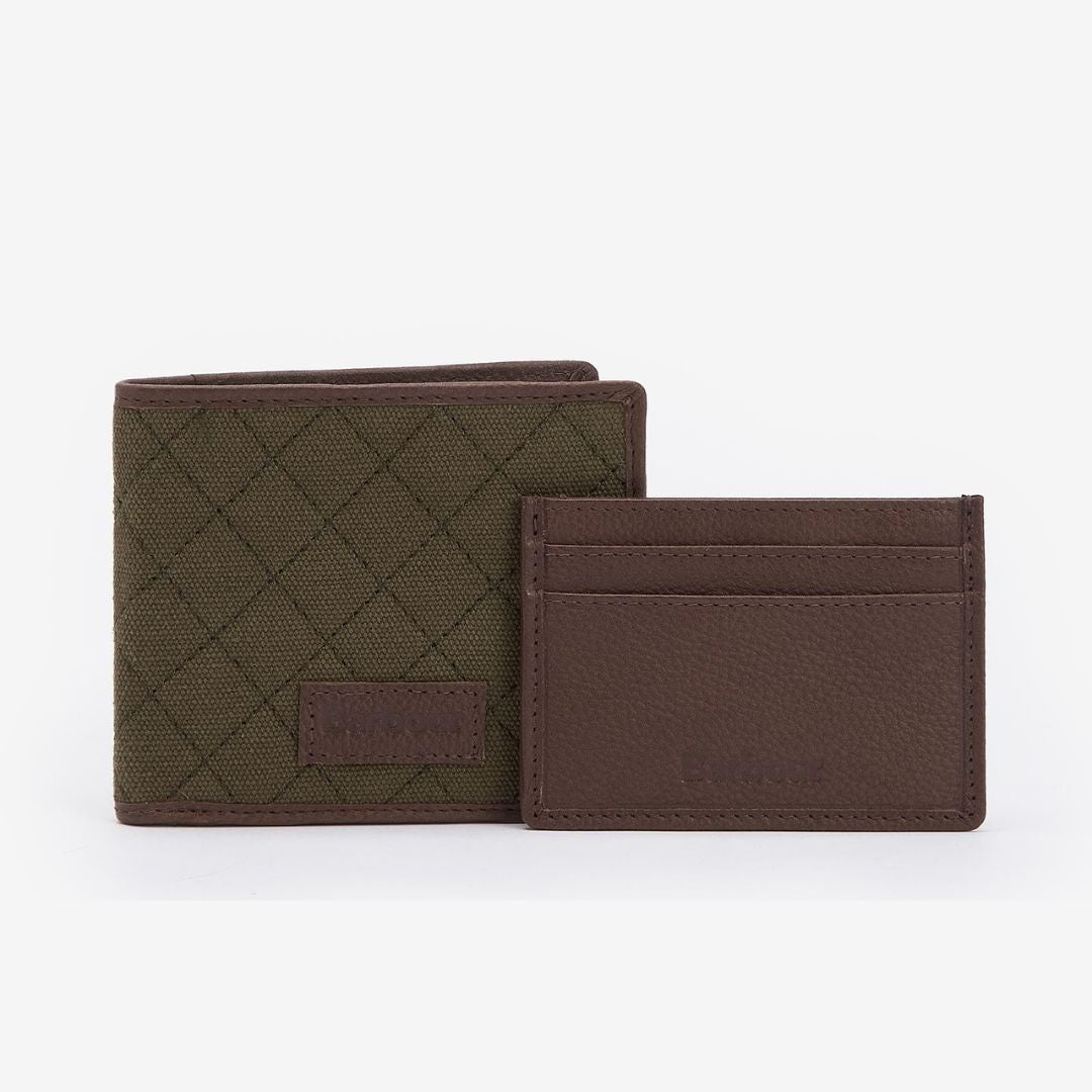 Barbour Quilted Padbury Wallet and Card Holder Gift Set in Dark Brown & Olive