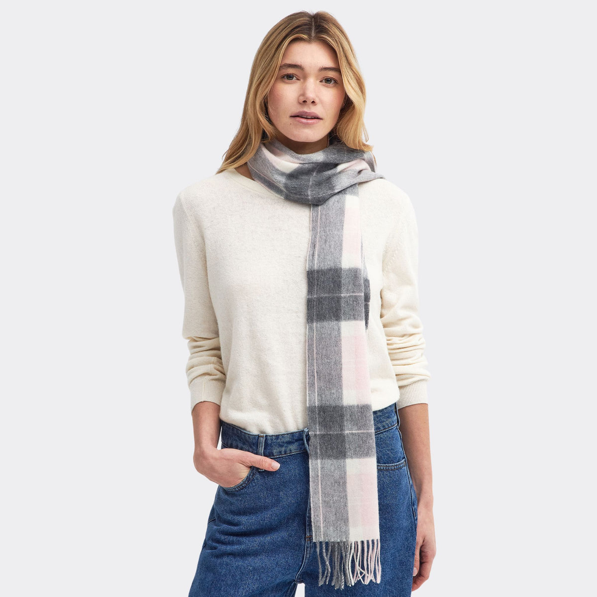 Barbour Tartan Scarf in Pink & Grey Tartan
