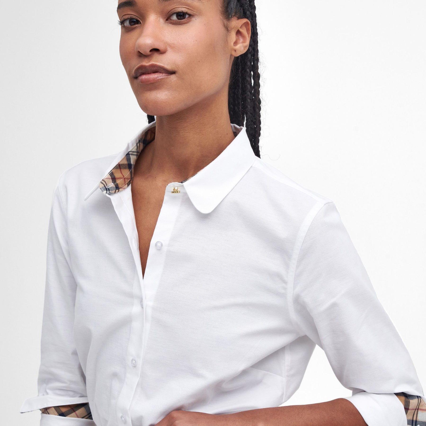 Barbour Women's Lavender Tailored Long-Sleeved Shirt in White & Hessian Tartan