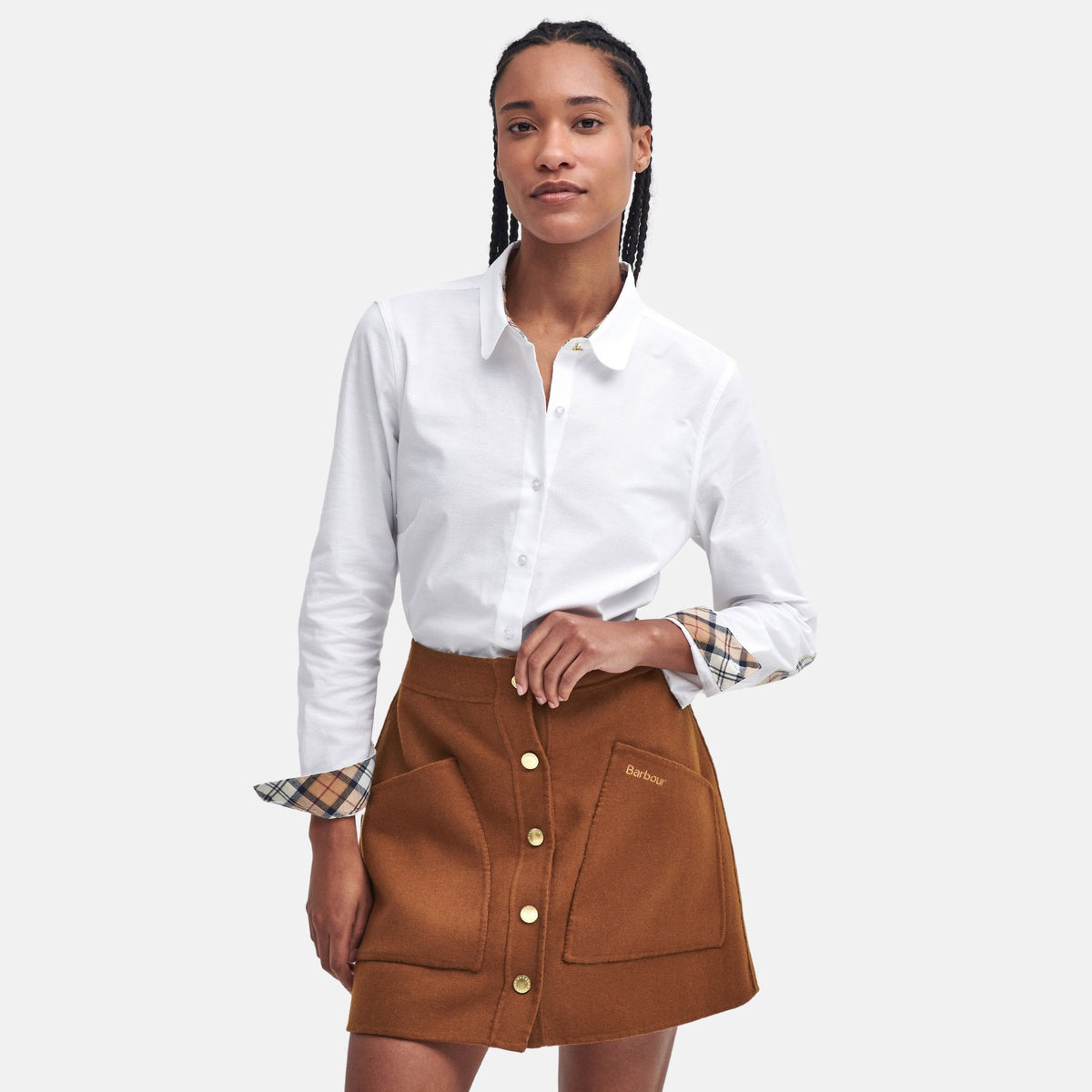 Barbour Women's Lavender Tailored Long-Sleeved Shirt in White & Hessian Tartan