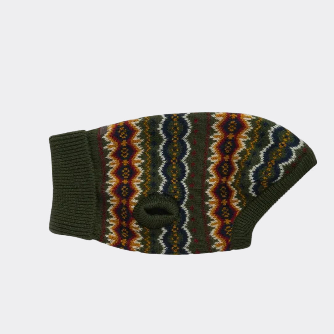 Barbour Fair isle Dog Jumper & Bobble Hat Gift Set in Olive