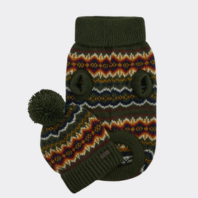 Barbour Fair isle Dog Jumper & Bobble Hat Gift Set in Olive