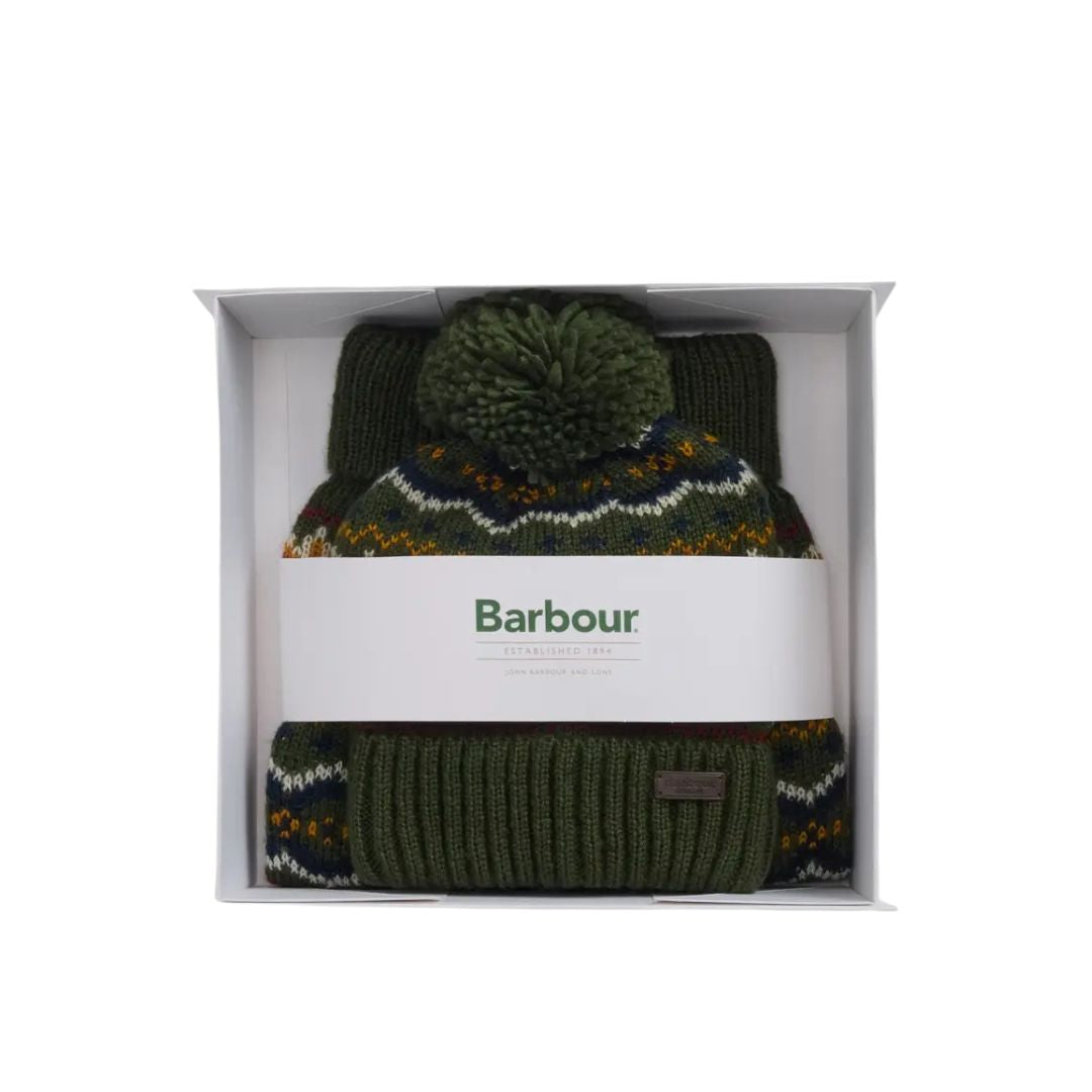 Barbour Fair isle Dog Jumper & Bobble Hat Gift Set in Olive