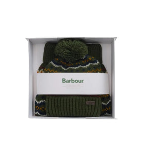 Barbour Fair isle Dog Jumper & Bobble Hat Gift Set in Olive
