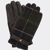 Pair of black gloves with plaid pattern on a white background