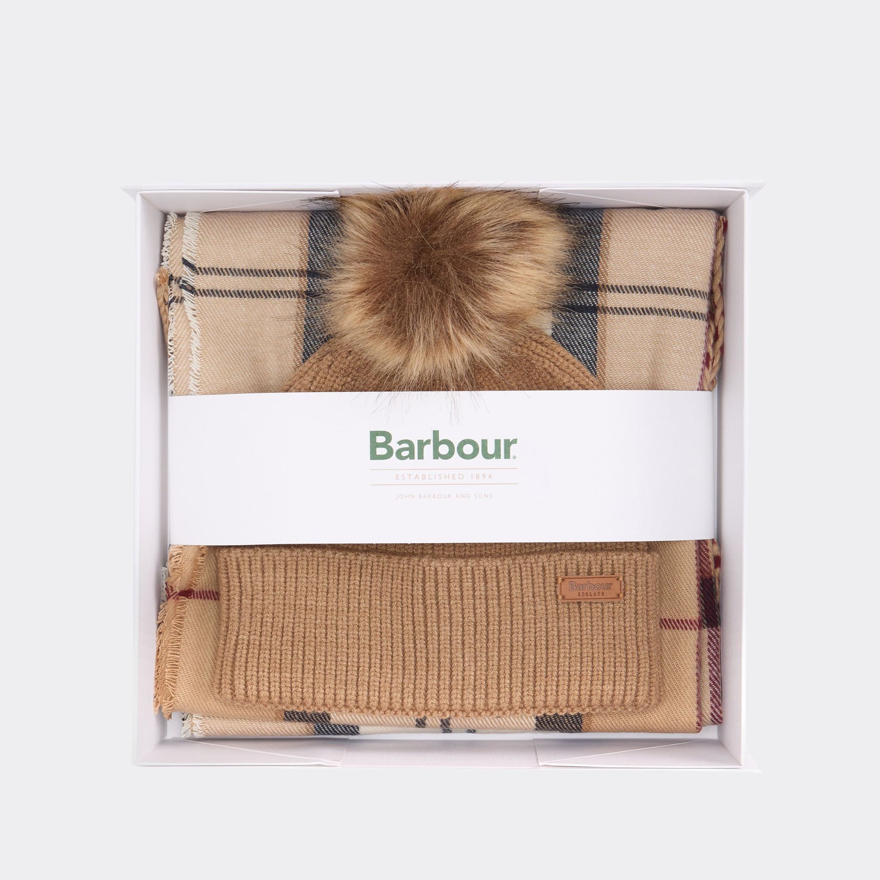 Barbour Women's Dover Beanie & Hailes Scarf Gift Set in Hessian Tartan