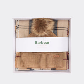 Barbour Women's Dover Beanie & Hailes Scarf Gift Set in Hessian Tartan