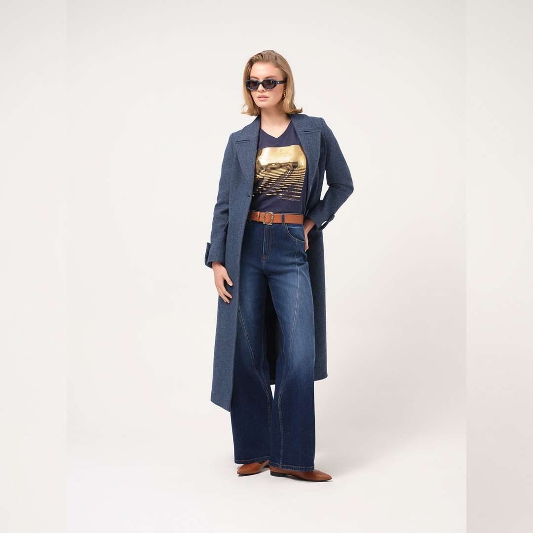 Cristina Barros Herringbone Wool Overcoat in Navy