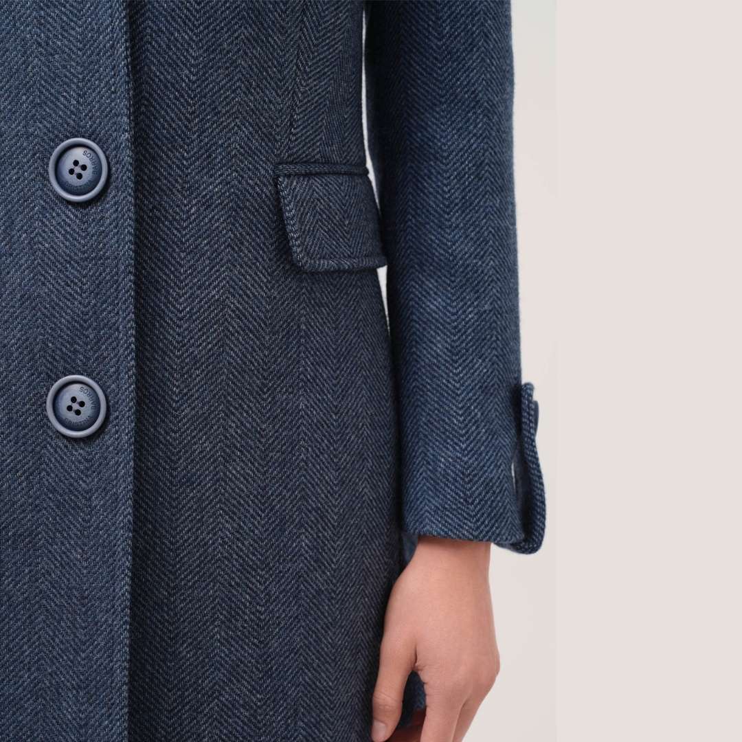 Cristina Barros Herringbone Wool Overcoat in Navy