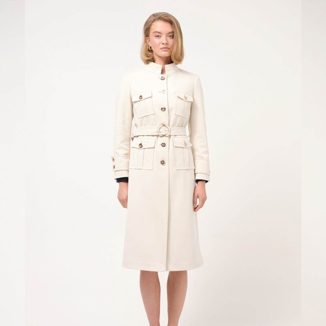 Cristina Barros Long Military Coat in Pearl