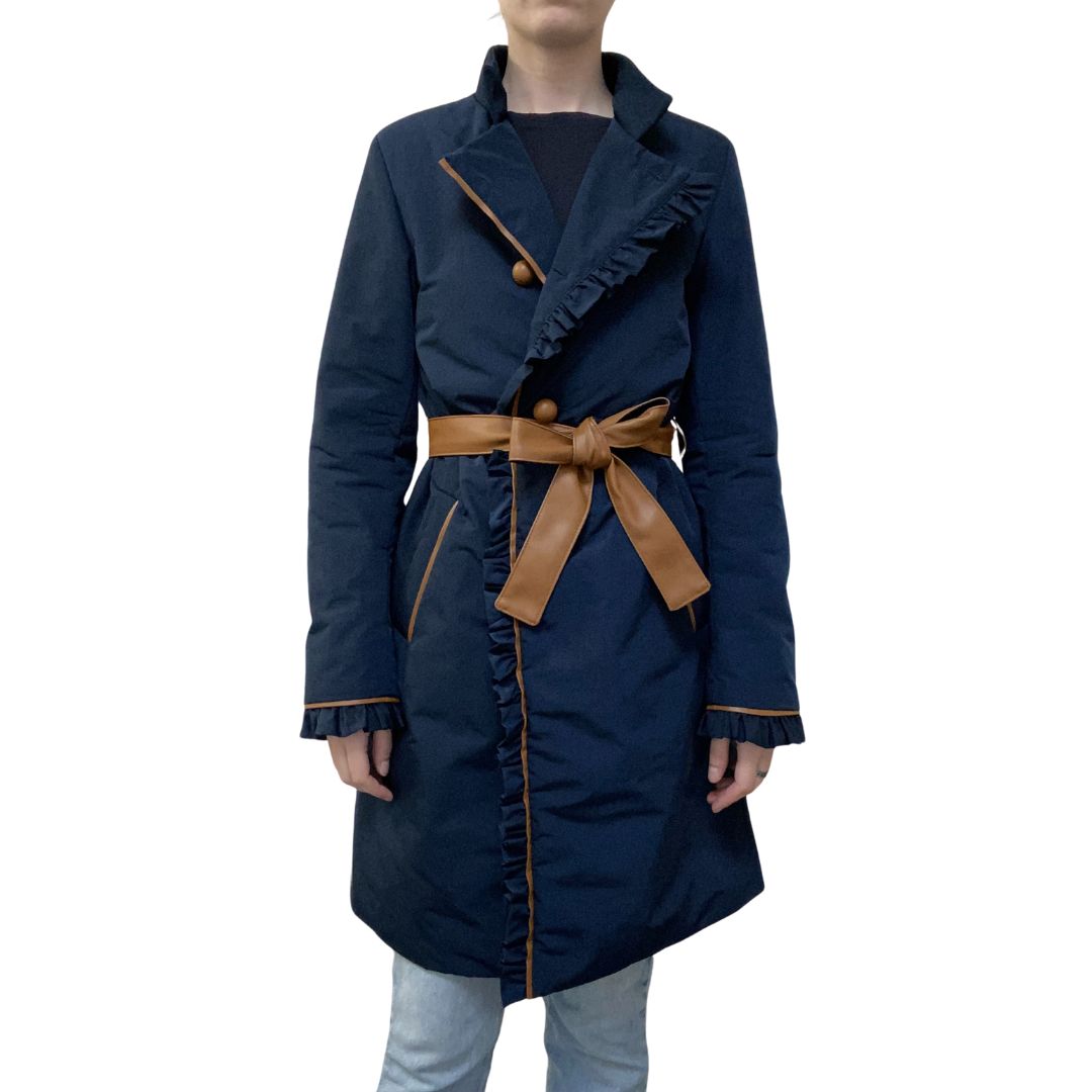 Cristina Barros Women's Belted Coat with Frill in Navy