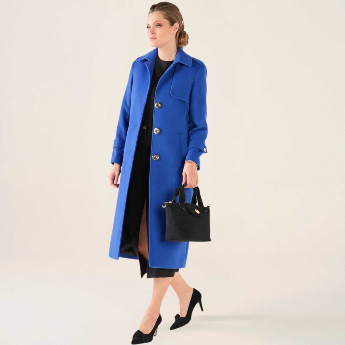Cristina Barros Women's Long Coat in Indigo Blue with Clasps