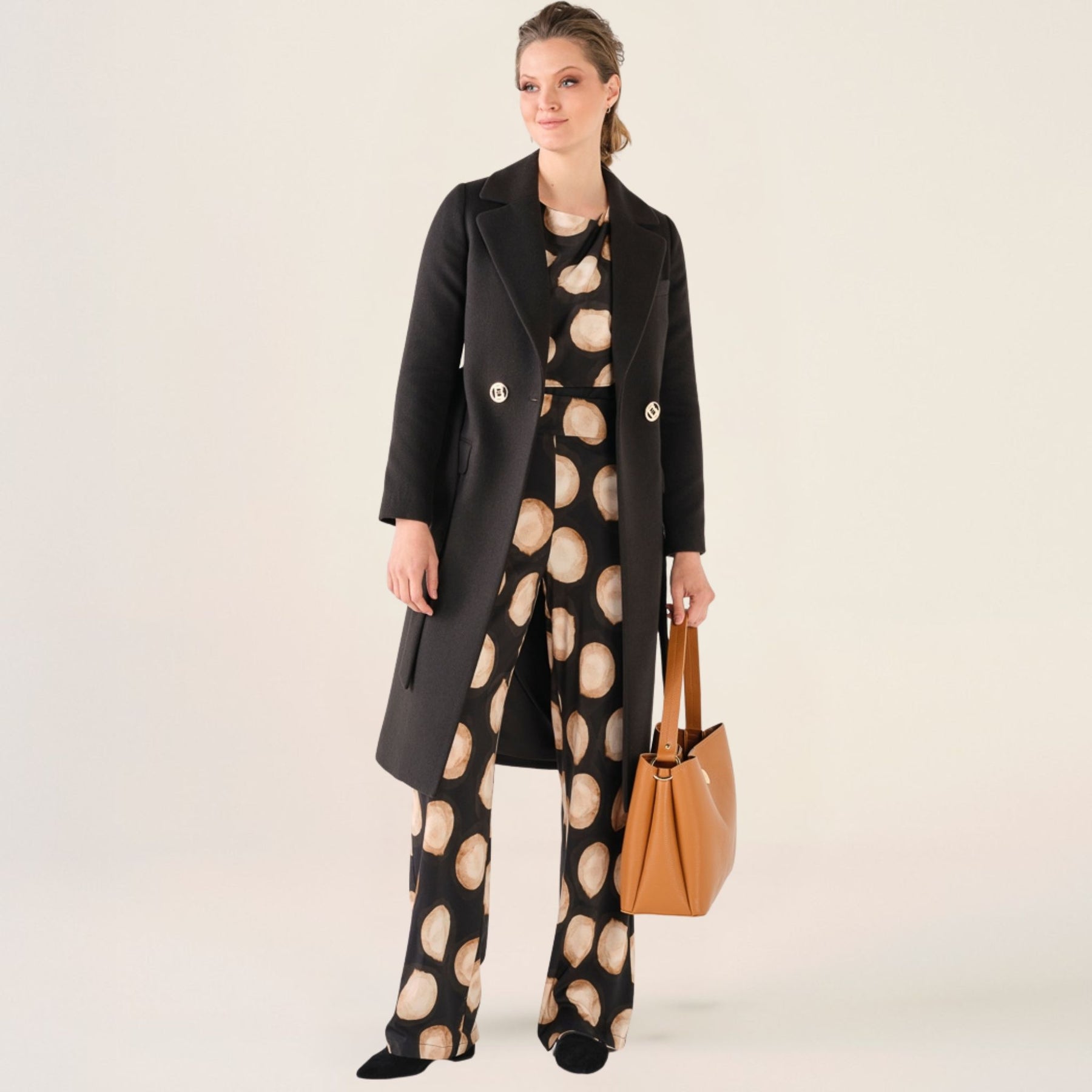 Cristina Barros Women's Midi Coat in Black with Double-Breasted Closure