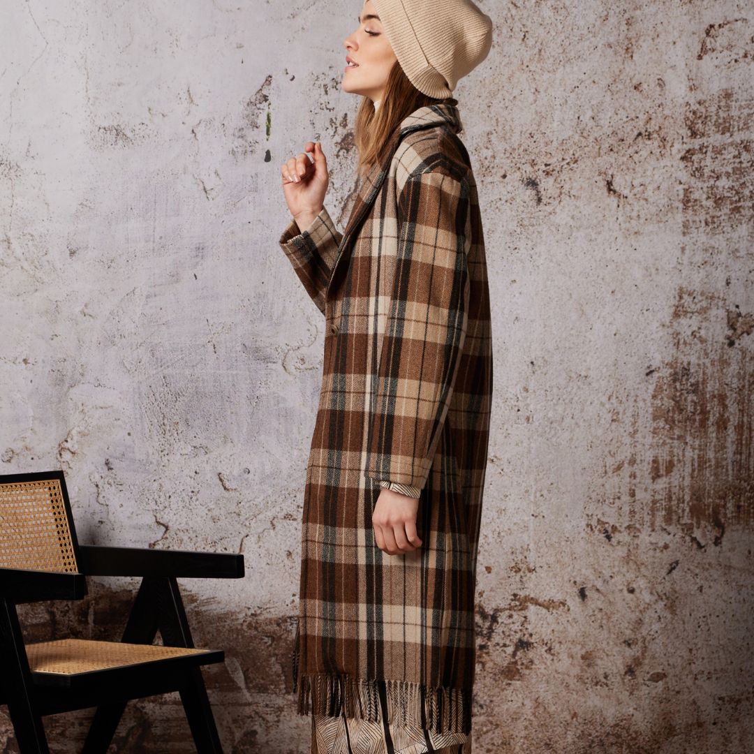 Diega Women's Mijo Check Coat in Brown with Fringe