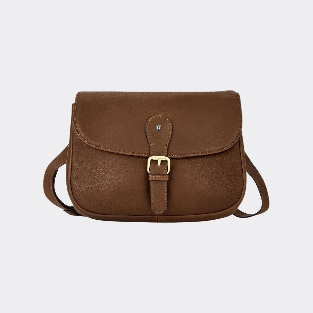 Brown leather satchel bag with a buckle on a white background