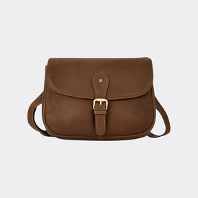 Brown leather satchel bag with a buckle on a white background