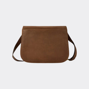 Brown leather crossbody bag on a white background