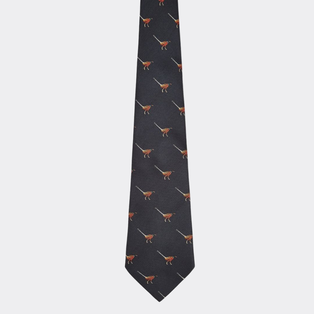 Black tie with pheasant pattern on a white background