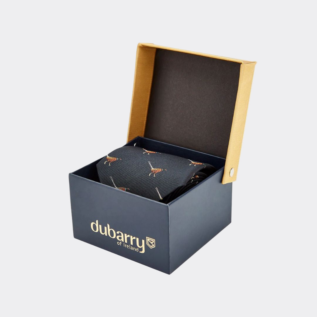 Tie with bird pattern in a Dubarry of Ireland box on a white background