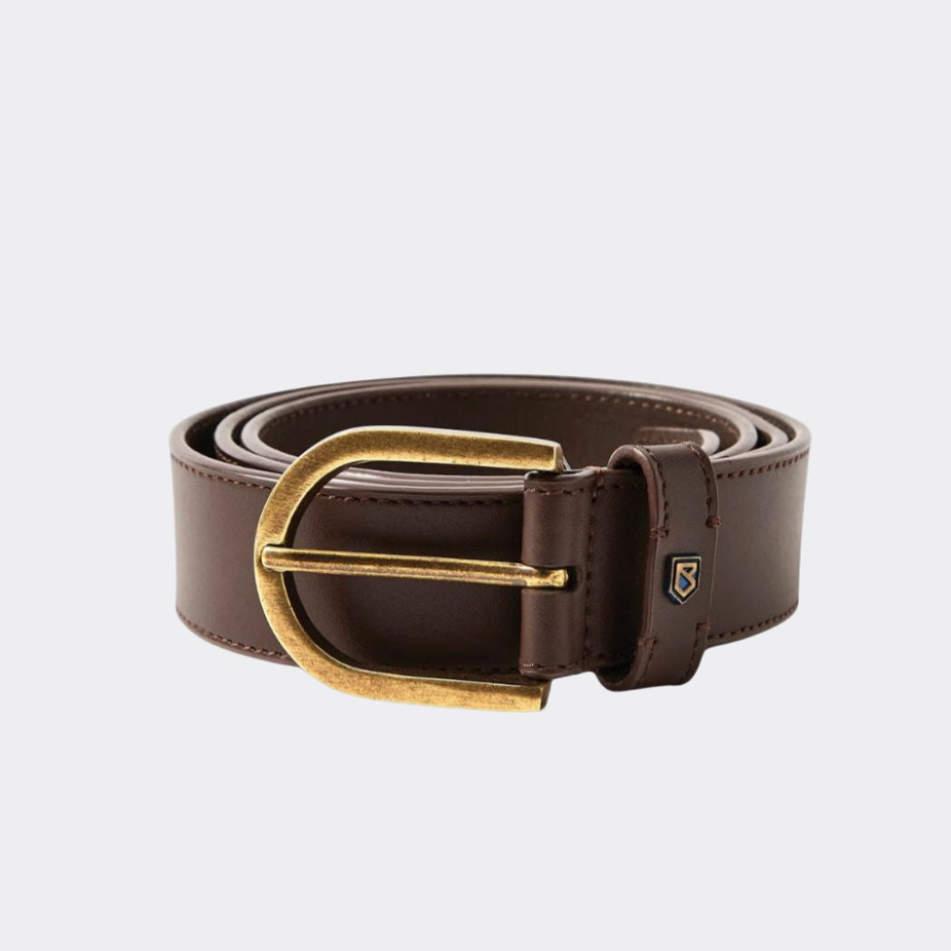 Brown leather belt with a gold buckle on a white background