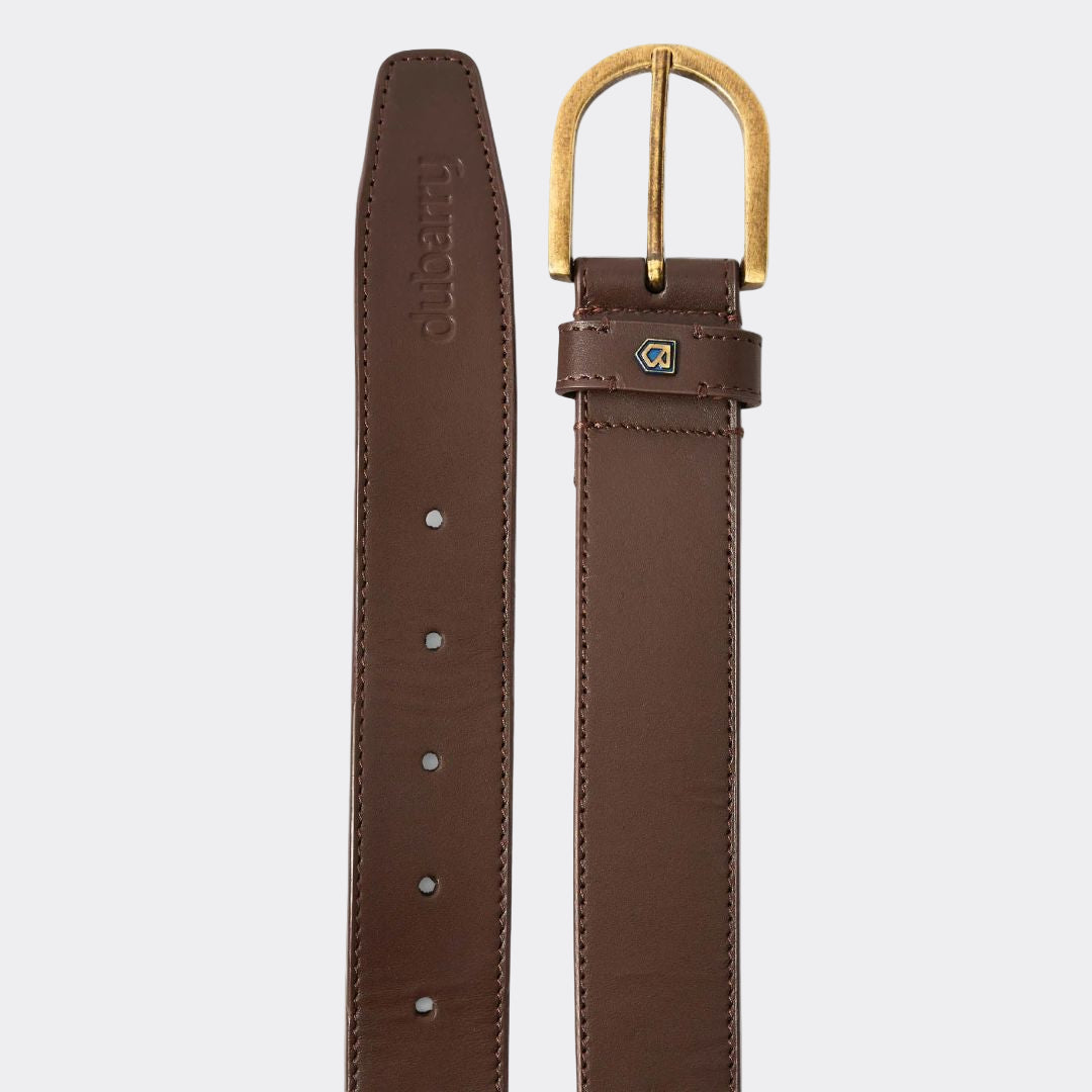 Brown leather belt with a gold buckle on a white background
