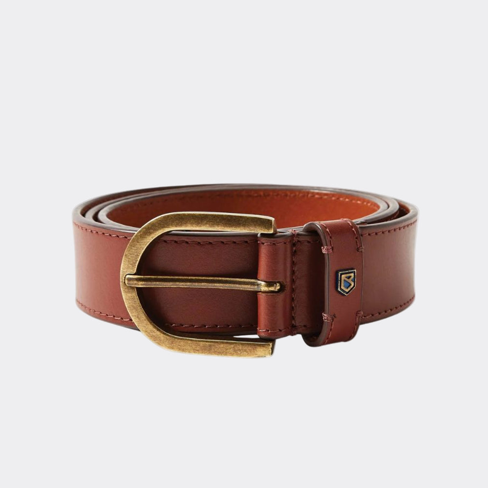 Brown leather belt with a gold buckle on a white background