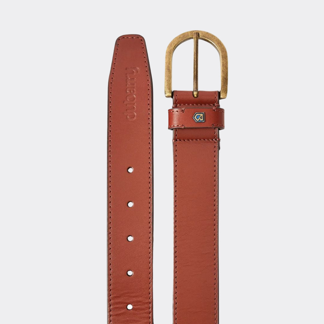 Brown leather belt with brass buckle on a white background