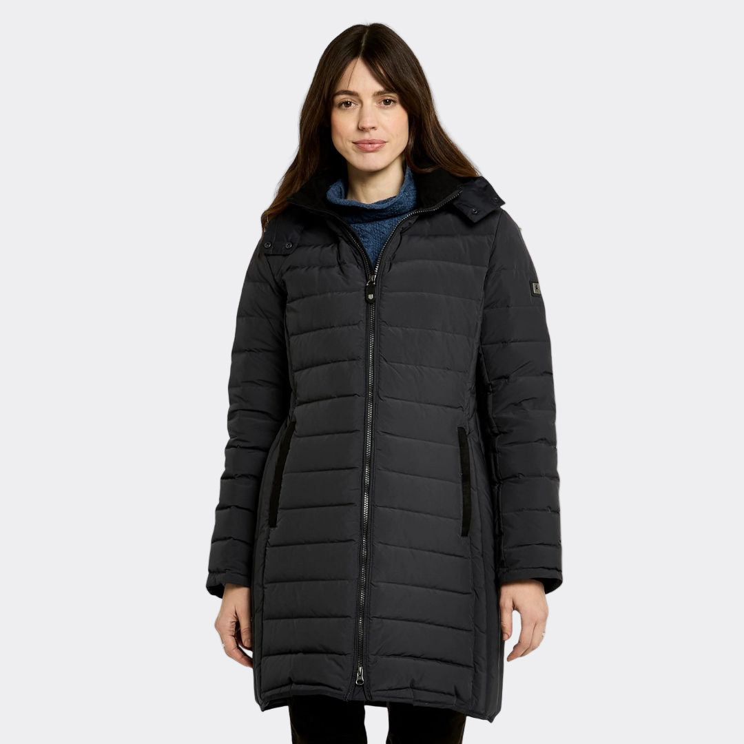 Woman wearing a black quilted jacket on a white background