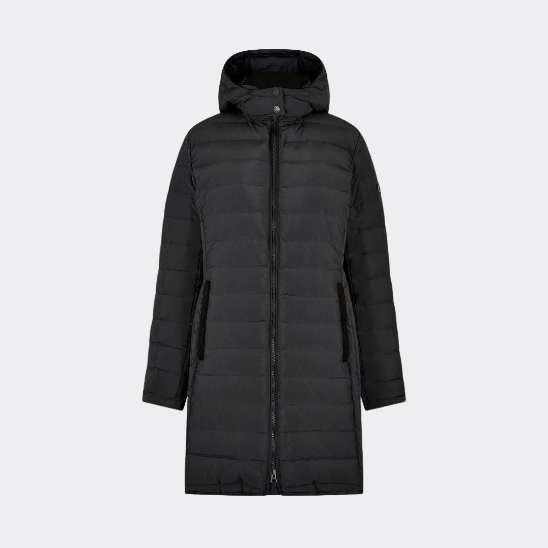 Black puffer coat with a hood on a white background