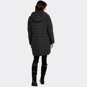 Person wearing a black puffer coat on a white background