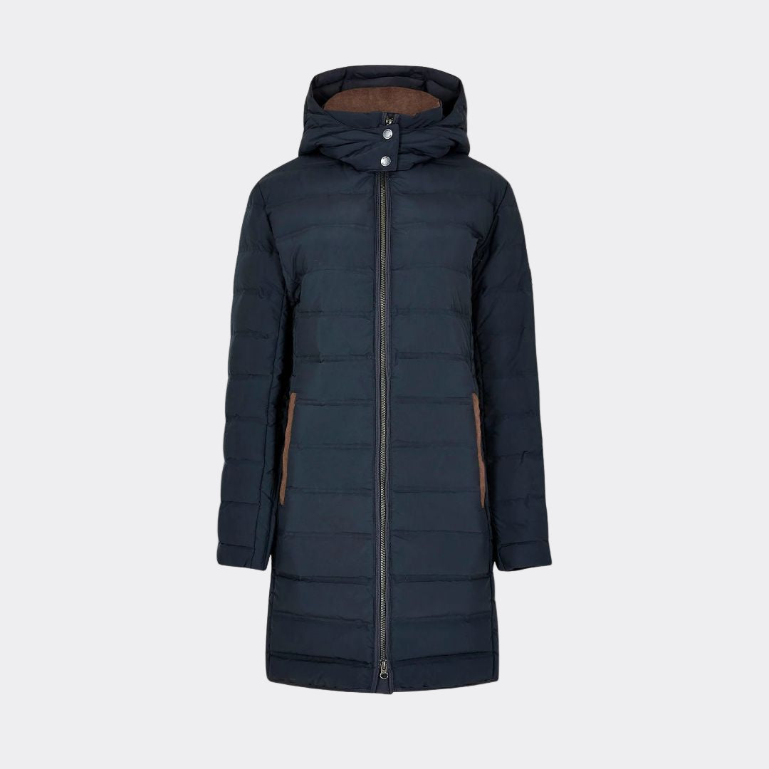 Dark blue puffer coat with a hood on a white background
