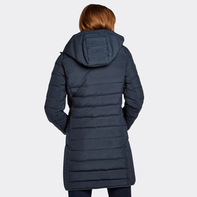 Navy blue puffer coat worn by a person on a white background