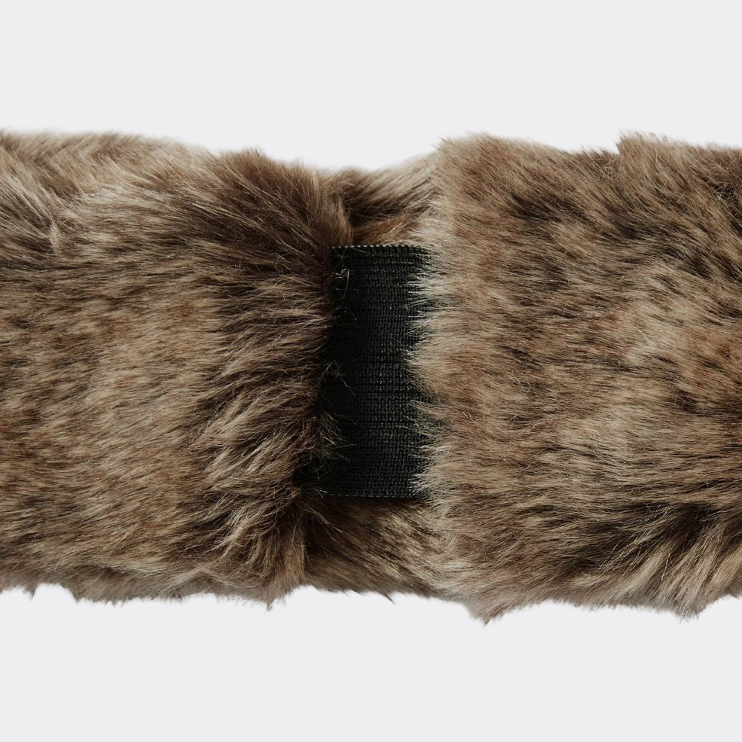 Close-up of a fur headband with a black elastic band on a white background